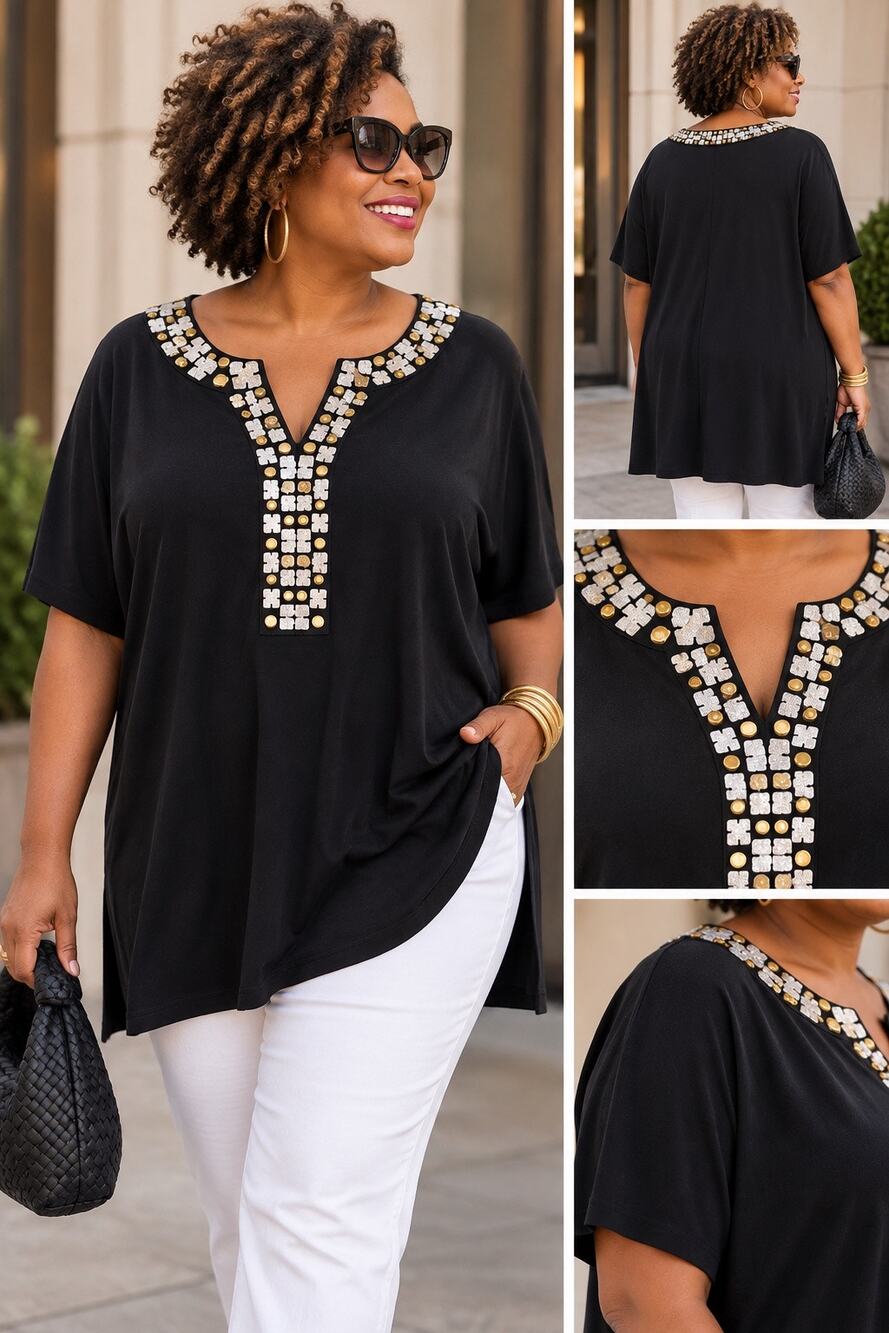 Dana Buchman Woman Black Mixed Metal Embellished Tunic Top Plus 2X